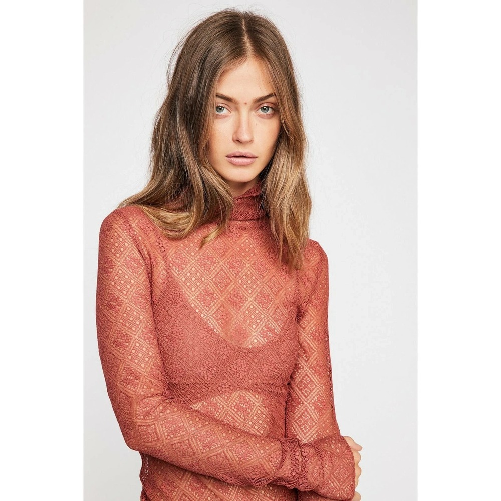 Free People Blouse S Orange Lace Tribeca Sweet Memories Turtleneck Fitted Sheer